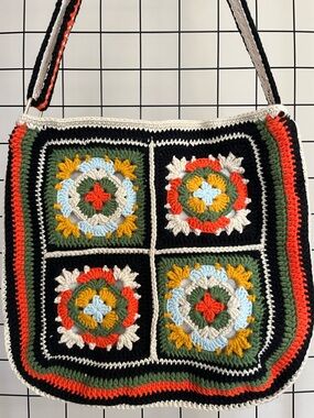 Boho Crochet Floral Square Shoulder Bag -adjustable strap